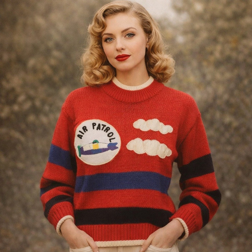 Vintage JJ Fargo Sweater‎ Womens Large Red Air Patrol Clouds Plane Striped Red